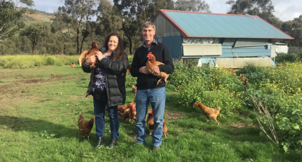 Smoked Egg Company founders Julie and Paul Kos at home with their hens. 