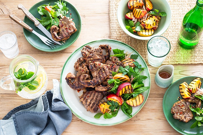 Mitch Orr’s grilled lamb loin chops with peach salad