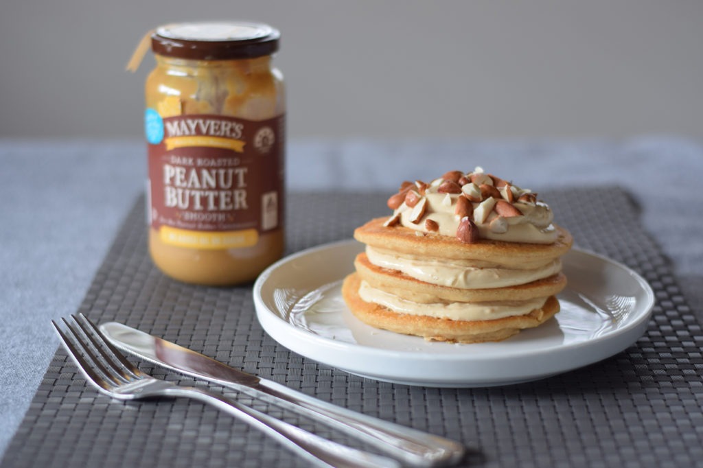 Peanut butter pancakes with smooth peanut butter and honey Greek yoghurt