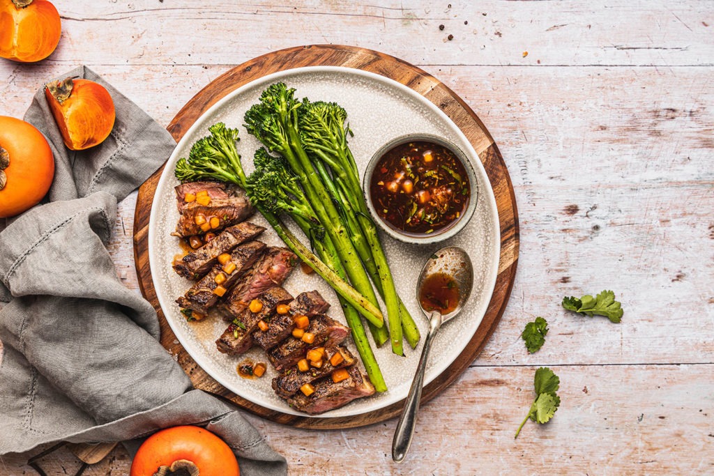 Pan-seared steak with persimmon & ginger dressing