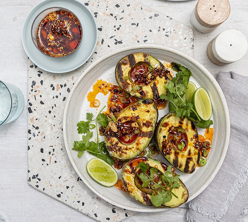 Grilled avocado boats with crispy chilli oil