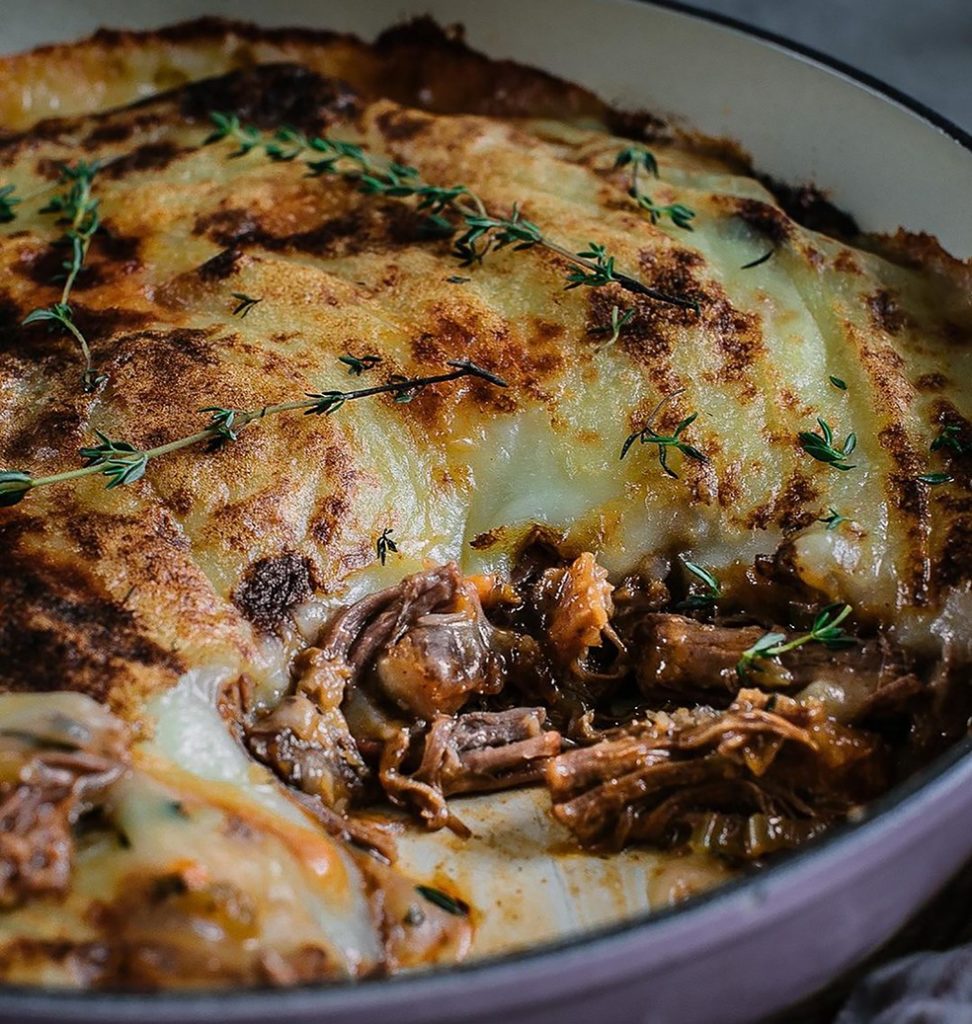 Beer and beef brisket pie with olive oil mash