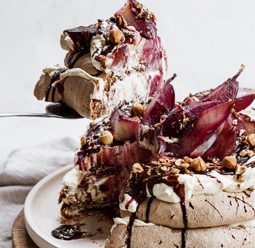 Easter recipes: chocolate and poached pear layered pavlova